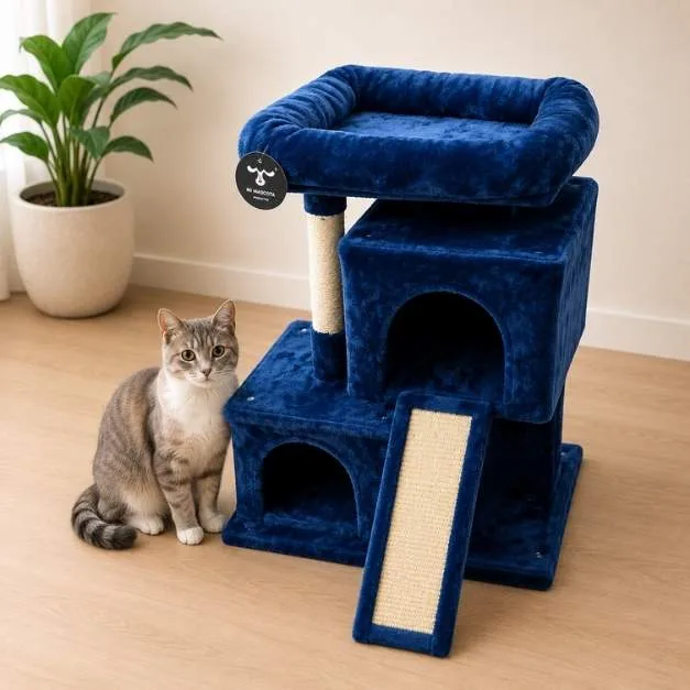 Rascador para gato torre en terciopelo  con cama